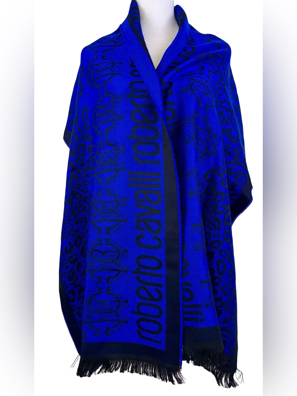 ROBERTO CAVALLI EXTRA LARGE WOOL SCARF IN BLUE/BLACK